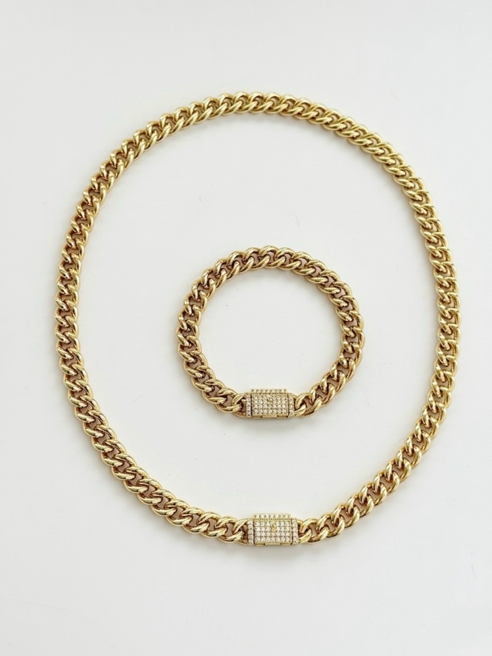 14K Gold Plated Cuban Link Necklace & Bracelet Set with CZ Pavé Box Toggle Clasp - Picture 8 of 11